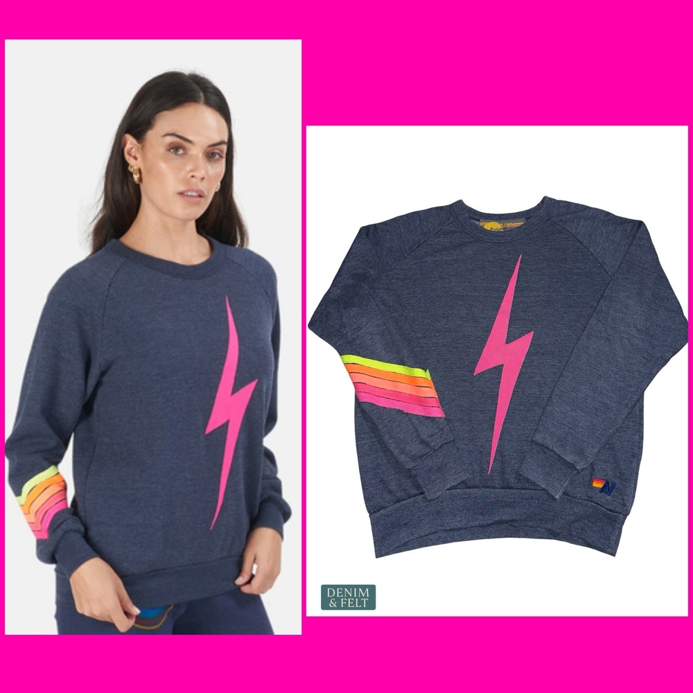 Aviator Nation Lightning Bolt Rainbow‎ Sleeve Pullover Sweatshirt Navy Lounge XS